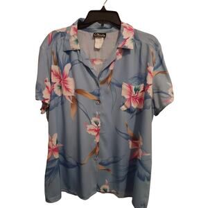 Vintage Charlie California Hawaiian Button Shirt Women’s XL Rayon Blue Floral